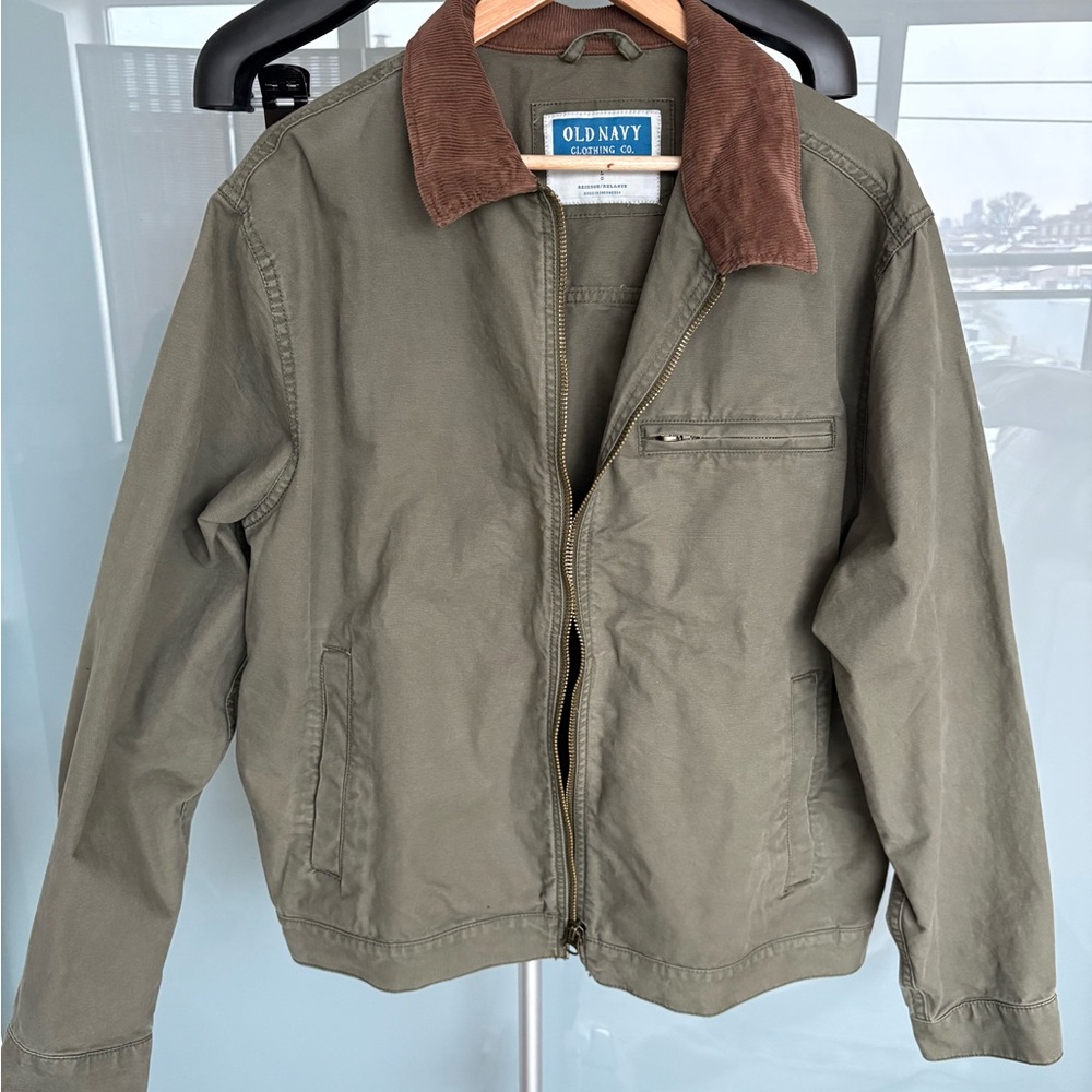 Old Navy Olive Green Military-Style Jacket with Brown Corduroy Collar